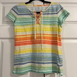 Talbots Multicolor Striped Lace-Up Tee in Yellow, Green, Orange & Blue